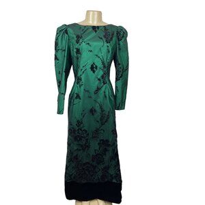 Vintage Rzik Bros Green Floral Satin Evening Gown Velvet Bow Puff Sleeves